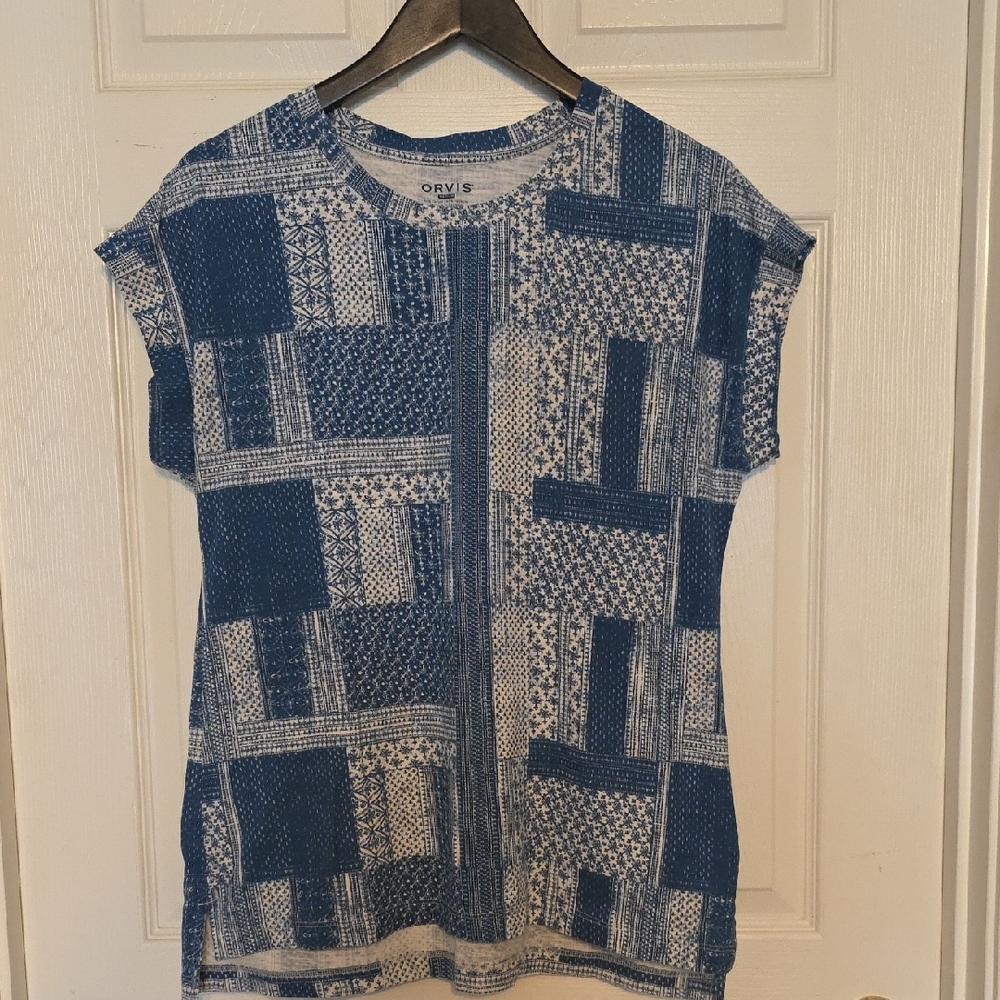 Orvis Blue Patchwork Print Short Sleeve Top